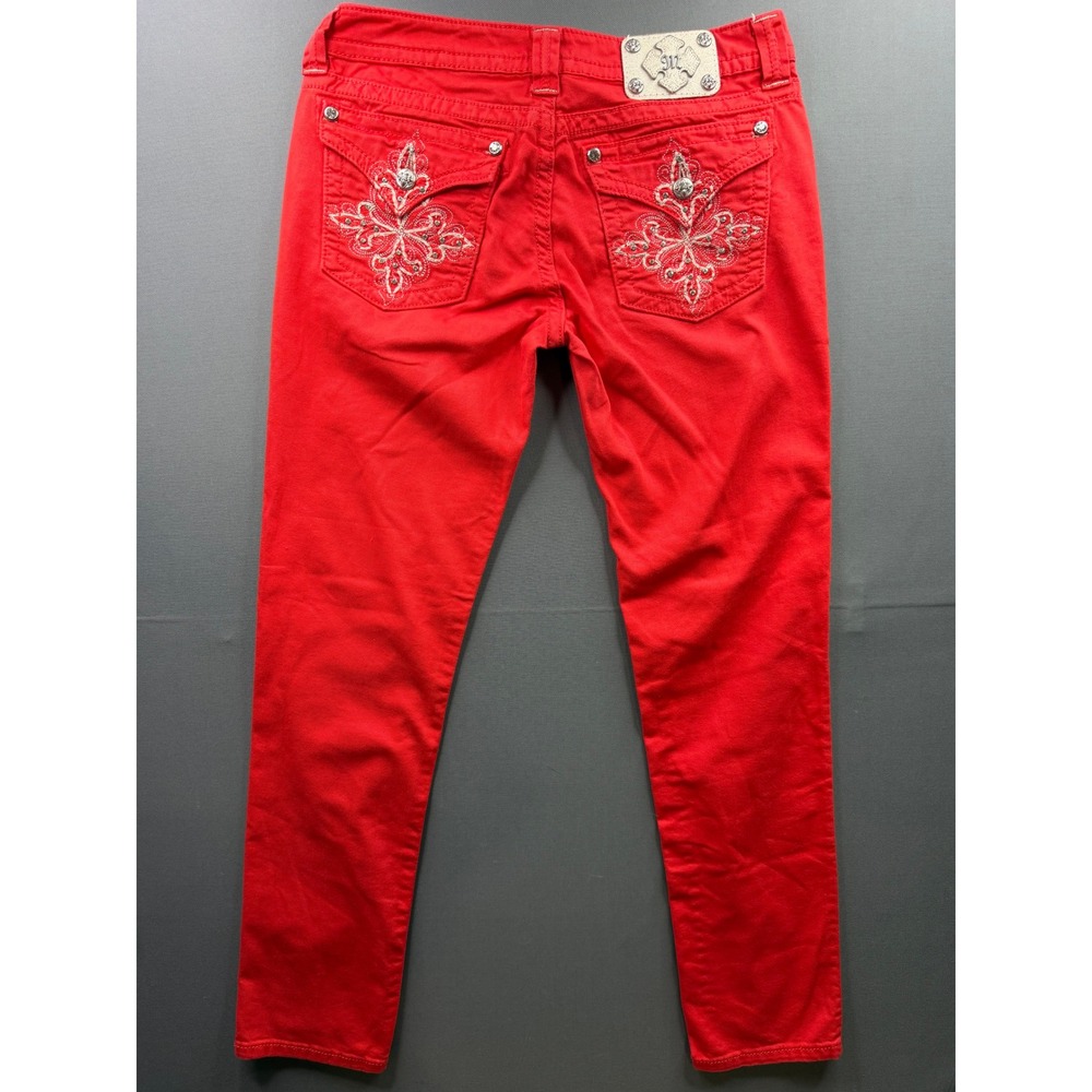 Miss Me Skinny Jeans Womens Red Embroidered Rhinestone Embellished 31x32